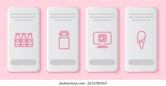 Fije la línea de la botella con la leche, el envase de la lata para el queso y el cono del waffle del helado. Botón rectángulo blanco. Vector