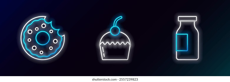 Set line Bottle with milk, Donut and Cake icon. Glowing neon. Vector