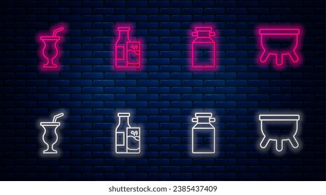 Set line Bottle milk and glass, Can container for, Milkshake and Udder. Glowing neon icon on brick wall. Vector
