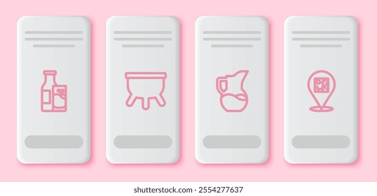 Set line Bottle milk and glass, Udder, Milk jug or pitcher and Cheese. White rectangle button. Vector