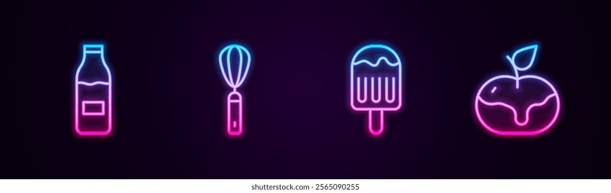 Set line Bottle with milk, Kitchen whisk, Ice cream and Apple in caramel. Glowing neon icon. Vector