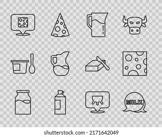 Set line Bottle with milk, Lettering, Milk jug or pitcher, Whipped cream bottle, Cheese, Udder and  icon. Vector