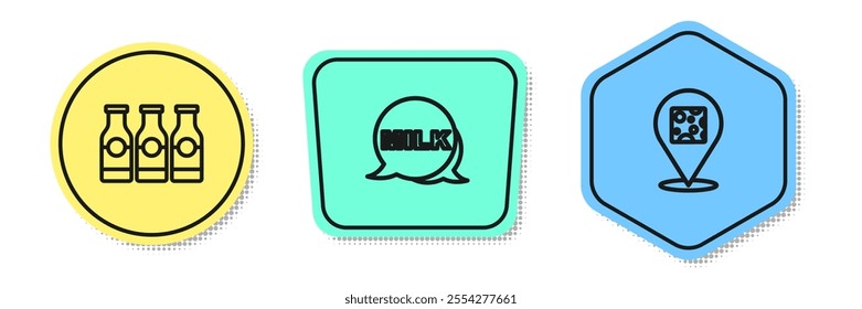 Set line Bottle with milk, Lettering and Cheese. Colored shapes. Vector