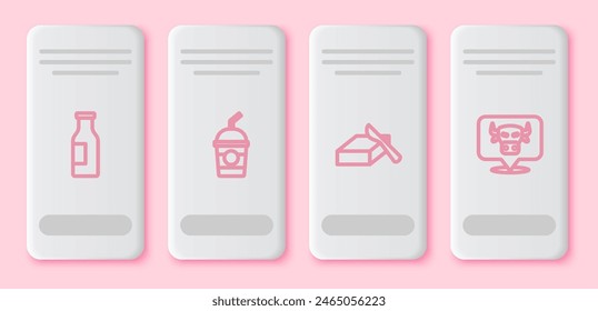 Set line Bottle with milk, Milkshake, Butter in butter dish and Cow head. White rectangle button. Vector