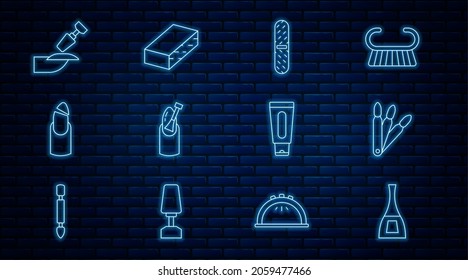 Set line Bottle of nail polish, False nails, Nail file, manicure, Broken, Milling cutter for, Tube hand cream and  icon. Vector