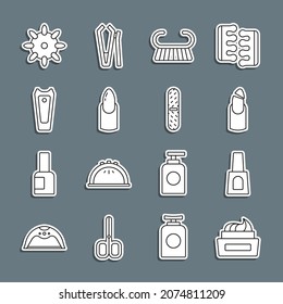 Set line Bottle of nail polish, Broken, Pedicure brush or grater, Nail manicure, cutter, False nails and file icon. Vector