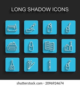 Set line Bottle of nail polish, False nails, Cosmetic bag, Cuticle pusher, Milling cutter for manicure, Broken,  and Toe separator pedicure icon. Vector
