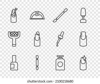 Set Line Bottle Of Nail Polish, Nail Manicure, Cuticle Pusher, Broken, Tube Hand Cream And  Icon. Vector