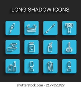 Set line Bottle of nail polish, Milling cutter for manicure, Pipette with oil, Nail, Tube hand cream, scissors and  icon. Vector