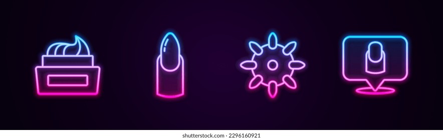 Set line Bottle of nail polish, Nail manicure, False nails and Manicure. Glowing neon icon. Vector