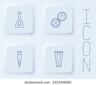 Set line Bottle of nail polish, Makeup powder with mirror, Cream lotion cosmetic tube and . White square button. Vector