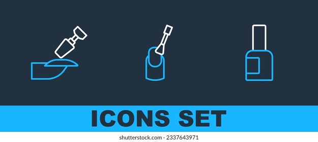 Set line Bottle of nail polish, Milling cutter for manicure and Nail icon. Vector