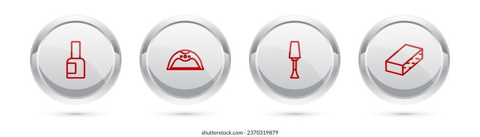Set line Bottle of nail polish, Manicure lamp, Nail and file. Silver circle button. Vector
