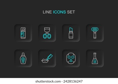 Set line Bottle of nail polish, Facial cosmetic mask, Lip augmentation, shampoo, Shaving razor, Lipstick, Eyelash curler and gel foam icon. Vector