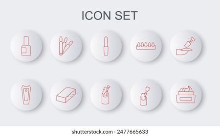 Set line Bottle of nail polish, Nail cutter, file, Milling for manicure, False nails,  and  icon. Vector