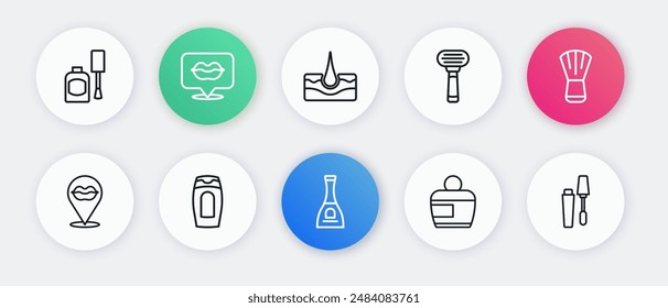 Set line Bottle of nail polish, Makeup brush, Smiling lips, Cream or lotion cosmetic tube, Shaving razor, Human hair follicle, Mascara and shampoo icon. Vector