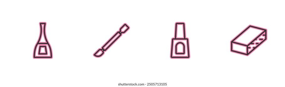 Set line Bottle of nail polish, , Cuticle pusher and Nail file icon. Vector