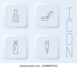 Set line Bottle of nail polish, Lip augmentation, shampoo and Cream or lotion cosmetic tube. White square button. Vector
