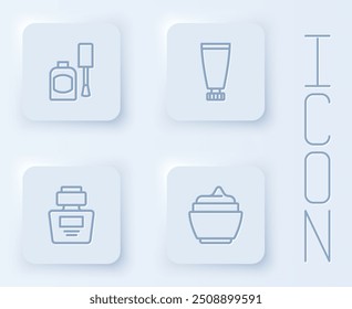 Set line Bottle of nail polish, Cream or lotion cosmetic tube, Perfume and . White square button. Vector