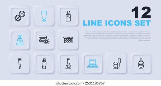 Botella de esmalte de uñas, champú, crema de protector solar en tubo, paleta de sombra de ojos con pincel, crema o loción cosmética, mano de tubo e icono. Vector