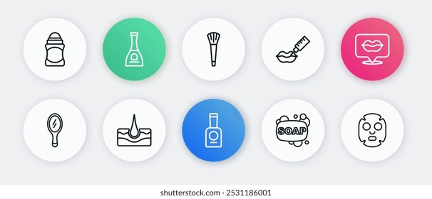 Set line Bottle of nail polish, Smiling lips, Hand mirror, Bar soap, Lip augmentation, Makeup brush, Facial cosmetic mask and Human hair follicle icon. Vector