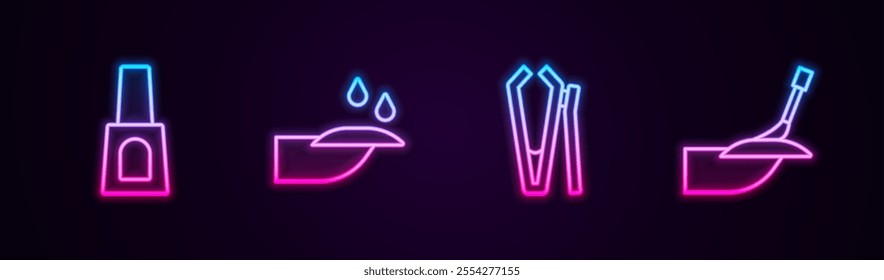 Set line Bottle of nail polish, Nail manicure, cutter and Manicure. Glowing neon icon. Vector