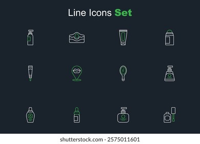 Set line Bottle of nail polish, Tube hand cream, Essential oil bottle, shampoo, Cream or lotion cosmetic tube, Hand mirror, Smiling lips and  icon. Vector