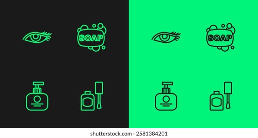 Set line Bottle of nail polish, Tube hand cream, Woman eye and Bar soap icon. Vector