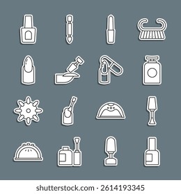 Set line Bottle of nail polish, Nail, Tube hand cream, file, Milling cutter for manicure,  and  icon. Vector