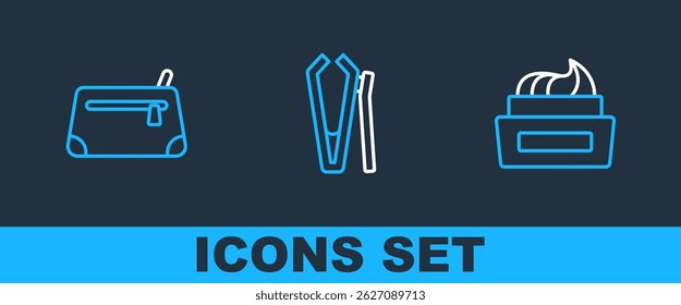 Set line Bottle of nail polish, Cosmetic bag and Nail cutter icon. Vector