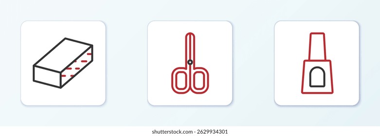 Set line Bottle of nail polish, Nail file and scissors icon. Vector