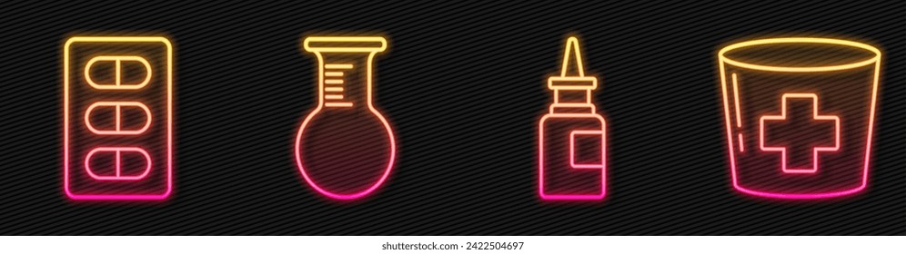 Set line Bottle nasal spray, Pills in blister pack, Test tube and flask and Nurse hat with cross. Glowing neon icon. Vector