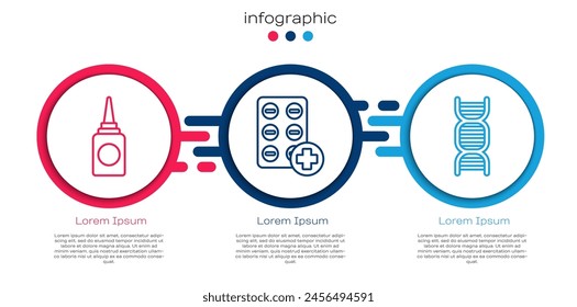 Set line Bottle nasal spray, Pills in blister pack and DNA symbol. Business infographic template. Vector