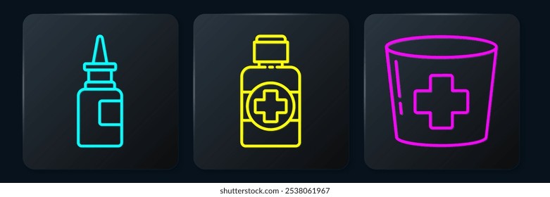 Set line Bottle nasal spray, Nurse hat with cross and Bottle of medicine syrup. Black square button. Vector