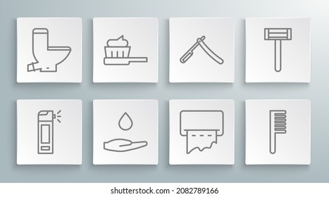 Set Line Bottle With Nozzle Spray, Toothbrush Toothpaste, Washing Hands Soap, Paper Towel Dispenser On Wall, Hairbrush, Straight Razor, Shaving And Toilet Bowl Icon. Vector