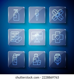 Set line Bottle with nozzle spray, of medicine syrup, IV bag, Crossed bandage plaster, Monitor cardiogram, Pills blister pack, Hand sanitizer bottle and Heart cross icon. Vector
