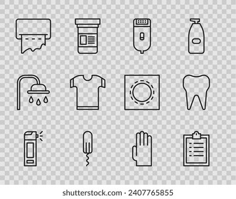 Fijar línea Botella con spray de tobera, lista de verificación del Portapapeles, Cubierta o afeitador de pelo eléctrico, Tampón sanitario, pared dispensador de toallas de papel, camiseta, guantes de goma e icono de diente. Vector