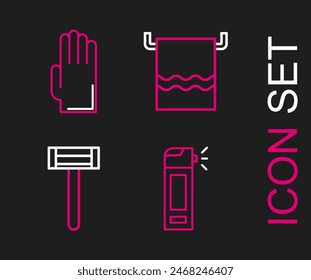 Set line Bottle with nozzle spray, Shaving razor, Towel on hanger and Rubber gloves icon. Vector
