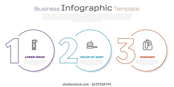 Set line Bottle with nozzle spray, Toothbrush toothpaste and Bottles for cleaning agent. Business infographic template. Vector