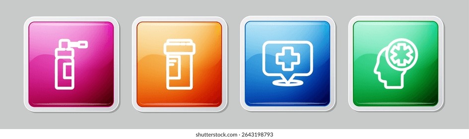Set line Bottle with nozzle spray, Medicine bottle, Map pointer cross hospital and Male head. Colorful square button. Vector