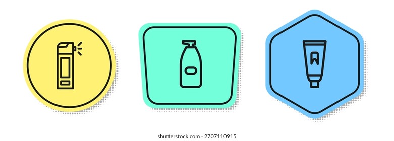 Set line Bottle with nozzle spray, of liquid antibacterial soap and Tube toothpaste. Colored shapes. Vector