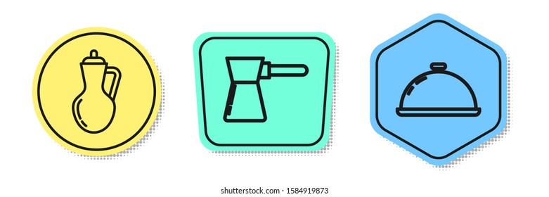 Set line Bottle of olive oil , Coffee turk  and Covered with a tray of food . Colored shapes. Vector
