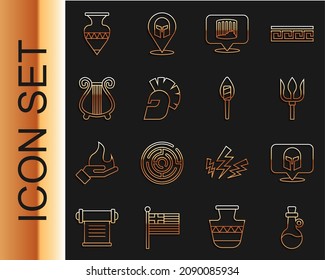 Set line Bottle of olive oil, Greek helmet, Neptune Trident, Ancient column, lyre, amphorae and Torch flame icon. Vector