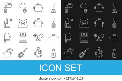 Set line Bottle of olive oil, Cooking pot, Barbecue spatula, Scales, Water tap, Electric mixer and  icon. Vector