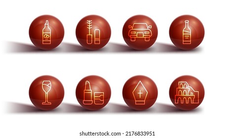 Set line Bottle of olive oil, Wine glass, wine, Pope hat, Lipstick, Mascara brush, Coliseum Rome and Car icon. Vector