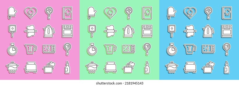 Set line Bottle of olive oil, Fried eggs on frying pan, Oven, Frying, Rolling pin dough, glove and Electric kettle icon. Vector