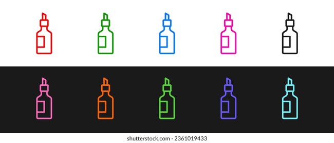 Set line Bottle of olive oil icon isolated on black and white background. Jug with olive oil icon.  Vector