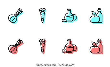 Set line Bottle of olive oil, Onion, Carrot and Apple cider vinegar in bottle icon. Vector