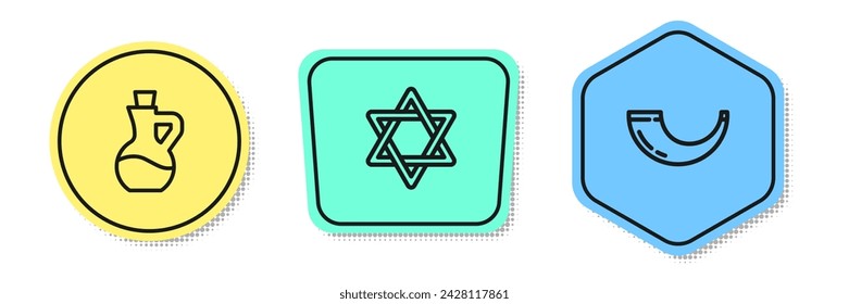 Set line Bottle of olive oil, Star David and Traditional ram horn, shofar. Colored shapes. Vector