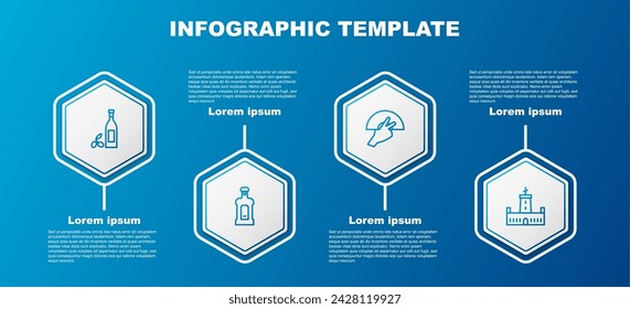 Set line Bottle of olive oil, Orujo, Fan flamenco and Montjuic castle. Business infographic template. Vector